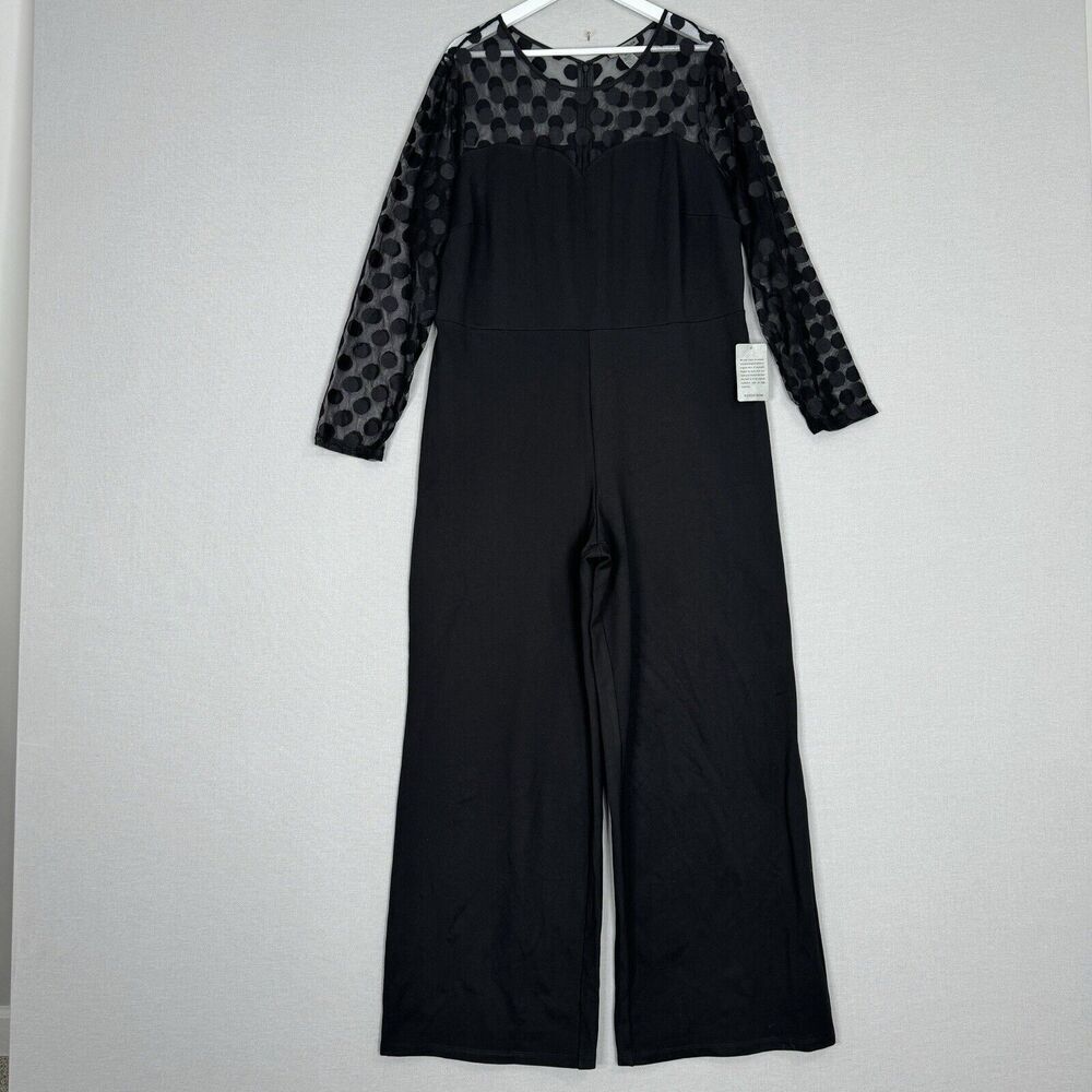 Love By Design Womens‎ Jumpsuit 2X Black Estelle Dotted Mesh Wide Retro Pinup